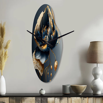 Deep Blue And Gold Single Flower I - Asymmetric Metal Wall Clock